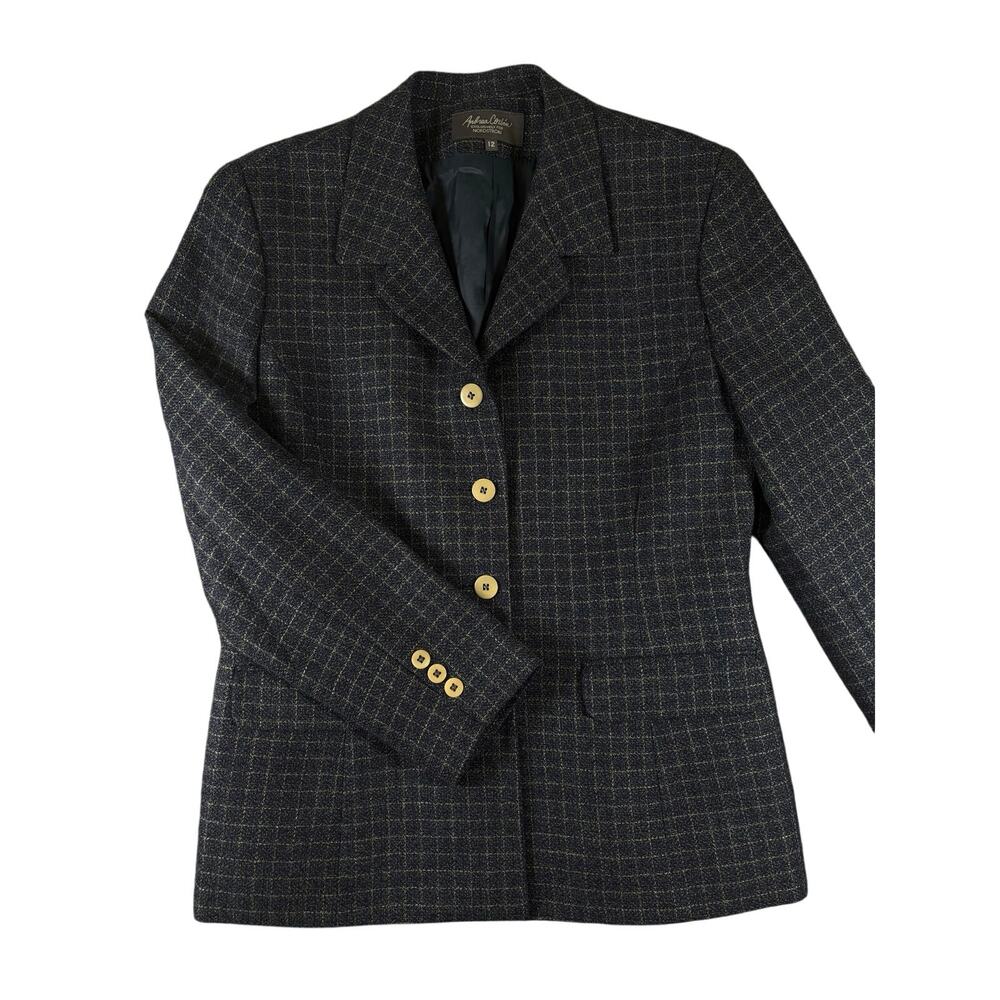 Vintage Andrea Corbin Nordstrom Navy Wool Windowpane Blazer Size 12